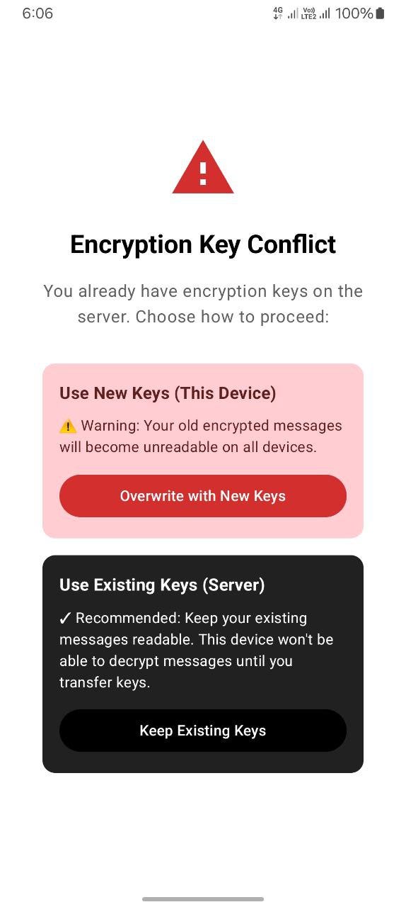 Encryption key sync screen